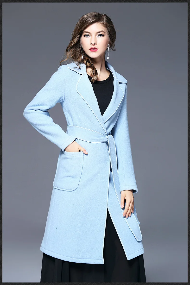 Шерстяное пальто женское 2017 зимнее теплое длинное синее шерстяное Смешанное