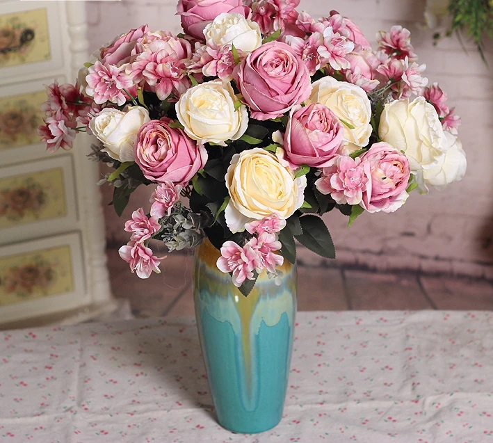 

High quality cream colour Silk flower European Fall Vivid Rose bouquet Wedding Home Party Decoration wedding decoration