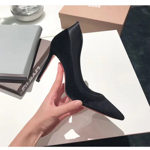 Black 9CM Женщина Указательный палец бархат высокие каблуки свадебный выпускной вечер свадьба замша Ботинок партии красный элегантный вечеринка насосы Размер 4 34 Европейская стилет 33 китайская Китай новая мода Весна осень - Цвет: Black 9CM