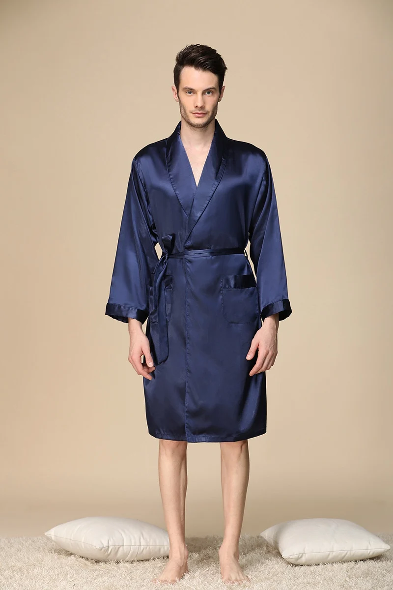 10 Blue Summer Men's Faux Silk Sleepwear Robe Casual Loose Comfortable Print Kimono Robes Home Clothing Satin Nightly Bathrobes - Цвет: 10 Blue