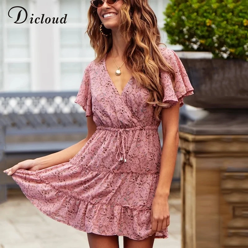 DICLOUD Элегантное летнее мини платье с цветочным принтом Boho 2019 Розовое шифоновое