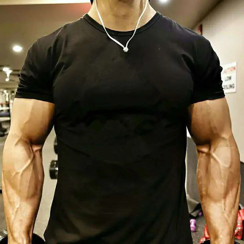 Mens Short sleeve Solid Cotton T-shirt Gyms Fitness Bodybuilding Workout t shirts Summer Casual Slim Tee Tops Crossfit apparel | Мужская
