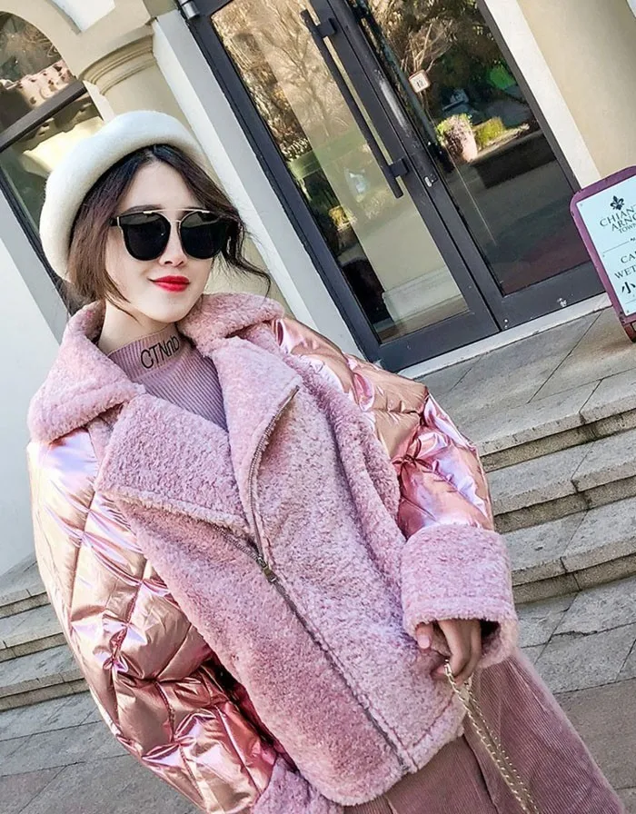 ZURICHOUSE Winter Down Jacket Women's Glossy Cotton Padded Coats Female Loose Short Pink Silver Patchwork Suede Parkas