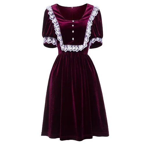 Dark Red Rosetic готическое летнее платье в стиле Лолиты, женское платье с красным квадратным воротником, милое мини-платье трапециевидной формы, женское элегантное готическое кружевное бархатное платье - Цвет: Dark Red
