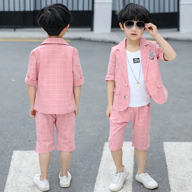 2019 New 3PCS Kids Plaid Wedding Blazer Half sleeve Suit Brand Flower Boys Formal Tuxedos School Spring Clothing Set |