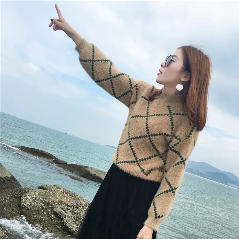 Autumn Winter women Sweaters and pullovers KoreanCAMTY Mohair Warm Full sleeve Jumper Loose Plaid Turtleneck Female | Женская одежда