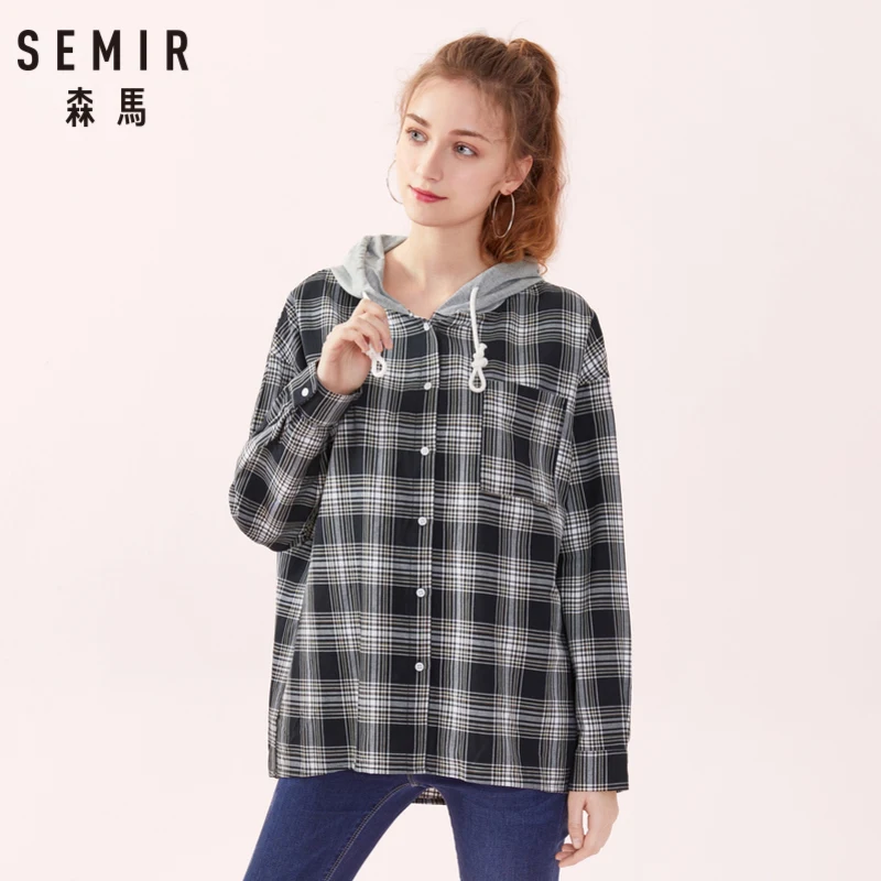 SEMIR Женская хлопковая клетчатая длинная рубашка куртка с завязкой на капюшоне