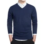 Свитер мужской с длинным рукавом, деловой Повседневный трикотажный пуловер с V-образным вырезом, хлопковая однотонная приталенная рубашка, топ, весна-осень