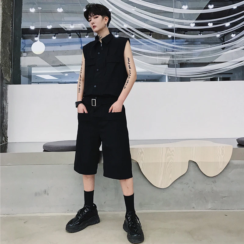 

M-XXL!! Summer tide models dark men's loose sleeveless jumpsuit hip hop tide male teenager five points shorts suit tide.