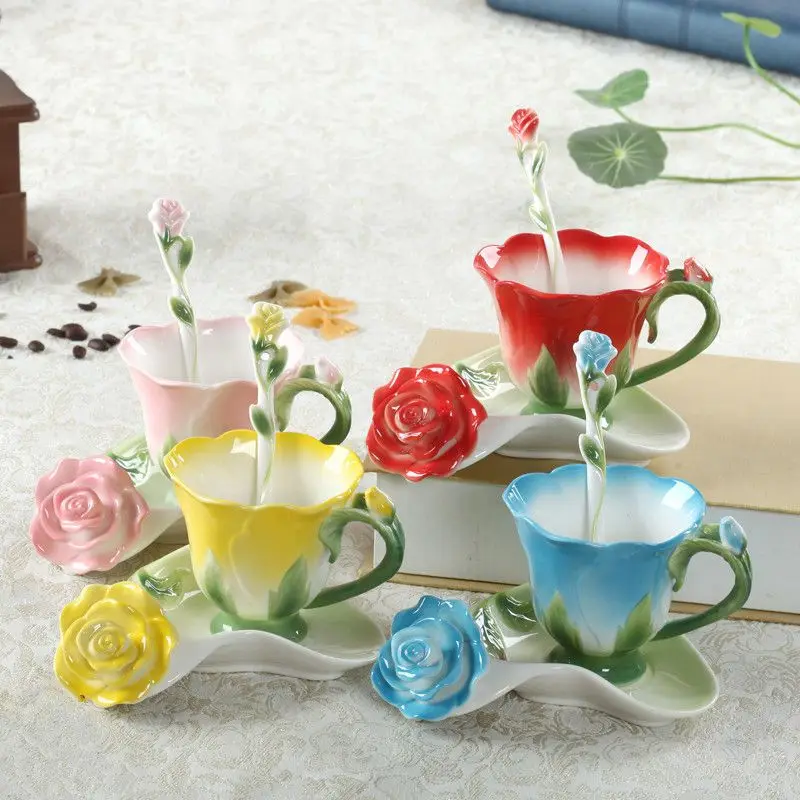 3D розовые эмалевые кофейные кружки с ложкой и блюдцем чайная чашка для молока 150