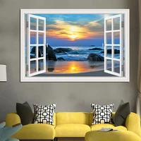 one piece 3d wall sticker window view seaside beach sunset landscape decal home decor accessories wallpaper art bedroom decor