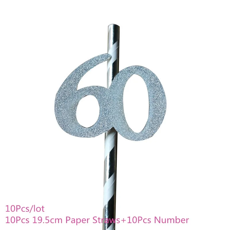 Silver 60 Chicinlife 10 шт. золото/серебро номер 30/40/50/60 лет питьевой Бумага соломенная шляпа для взрослых День рождения Юбилей Декор поставки - Цвет: Silver 60