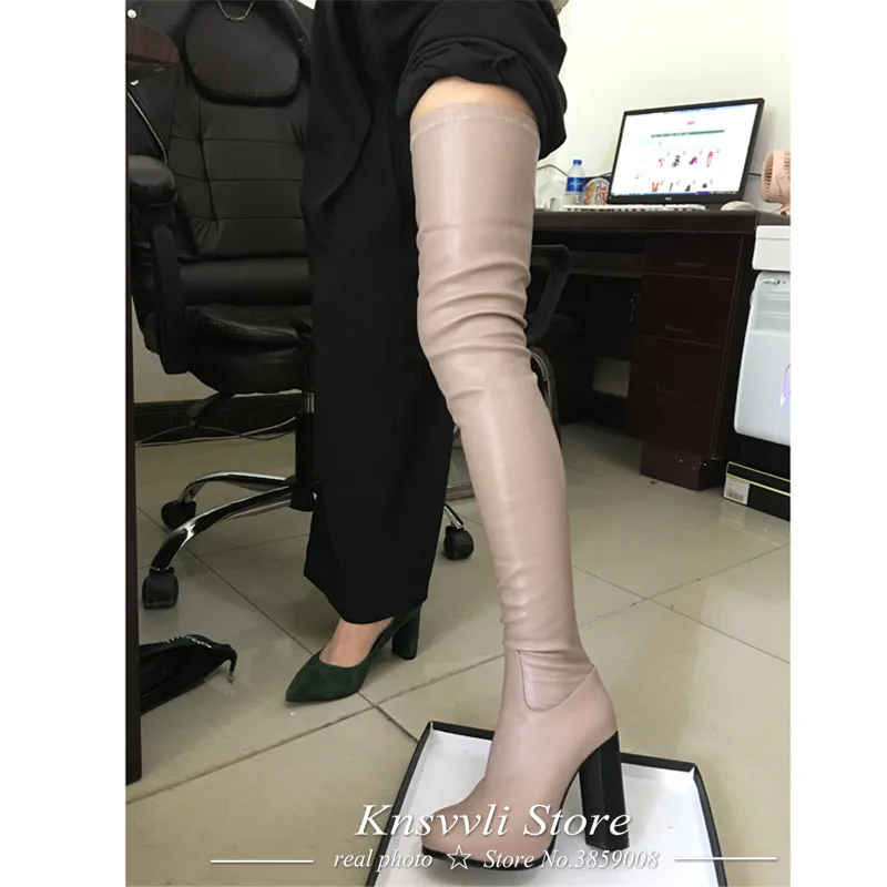 Knsvvli Genuine Leather Chunky Heel Women Thigh High Boots Autumm Tighten Botas Mujer Stretch Boots Fashion Over The Knee Boots