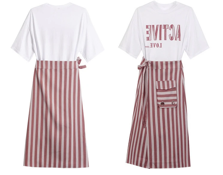 M L XL 2XL 3XL 4XL, новинка, модное женское платье из 2 частей, летнее Полосатое платье на шнуровке с буквенным принтом, высокая талия, короткий рукав