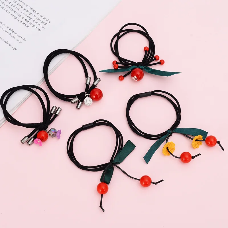 New small fresh and simple wild red beads tied hair rubber band Zama tail lady head rope ring | Украшения и аксессуары