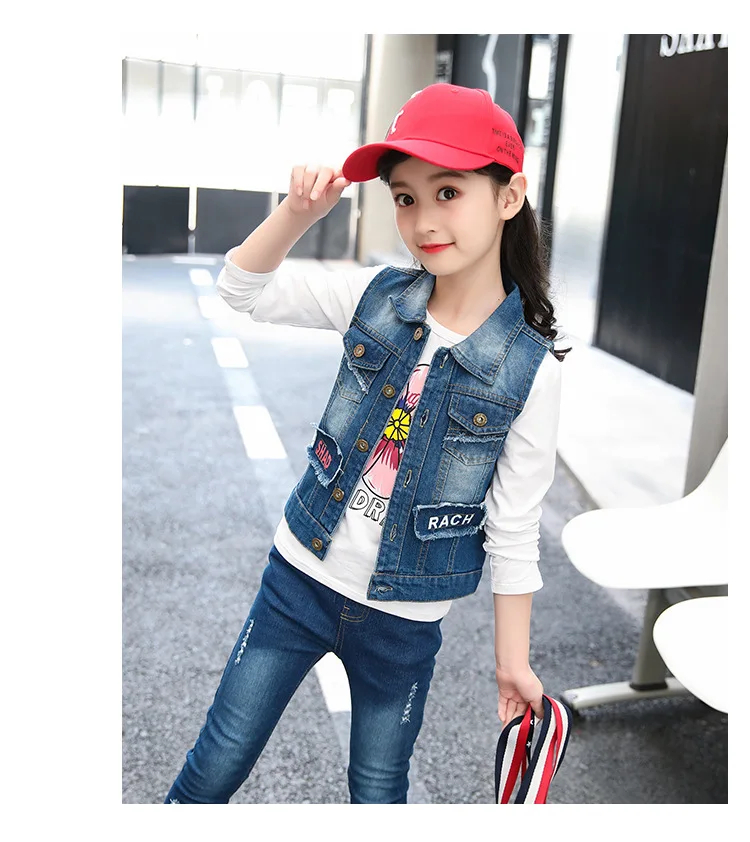 Girls Casual Cartoon Denim Vests Waistcoats Autumn Children Printed Fashion Vest Girl Jeans Outdoor Waistcoat