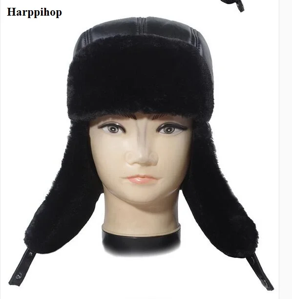 Winter Hat Men real Leather Snow  Hats Russian Male good quality faux fur  warm  Fur  Hat fur with solid Ears genuine  Cap