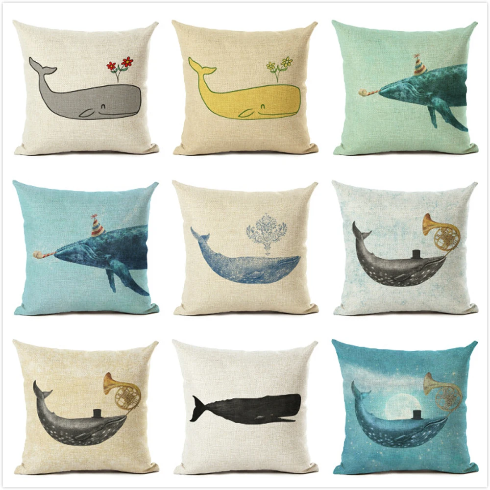 

Cute Sea Animal Whale Cushion Cover Creative Whale Cotton Linen Pillow Case Jellyfish Decorative Pillowcase Home Cushion Cover