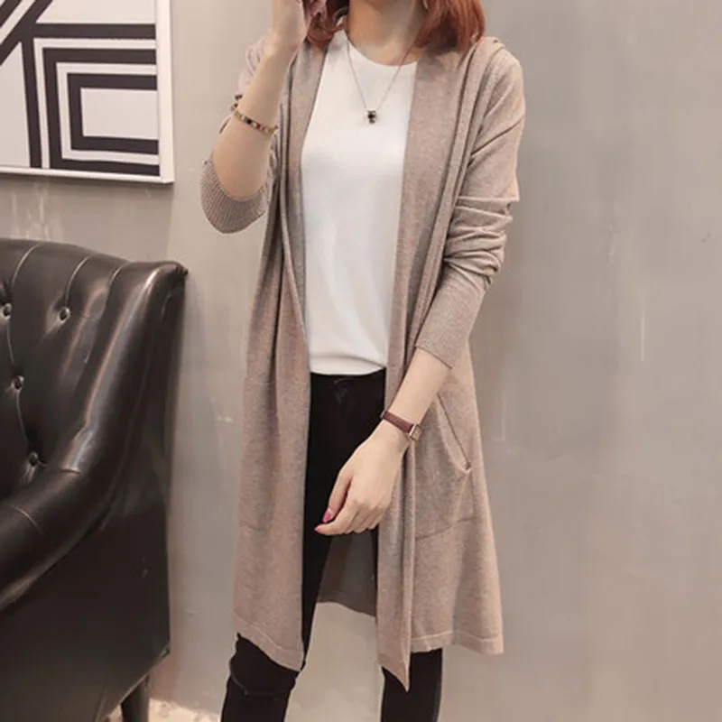 Осенне-зимний женский вязаный свитер с капюшоном кардиган простой средней длины