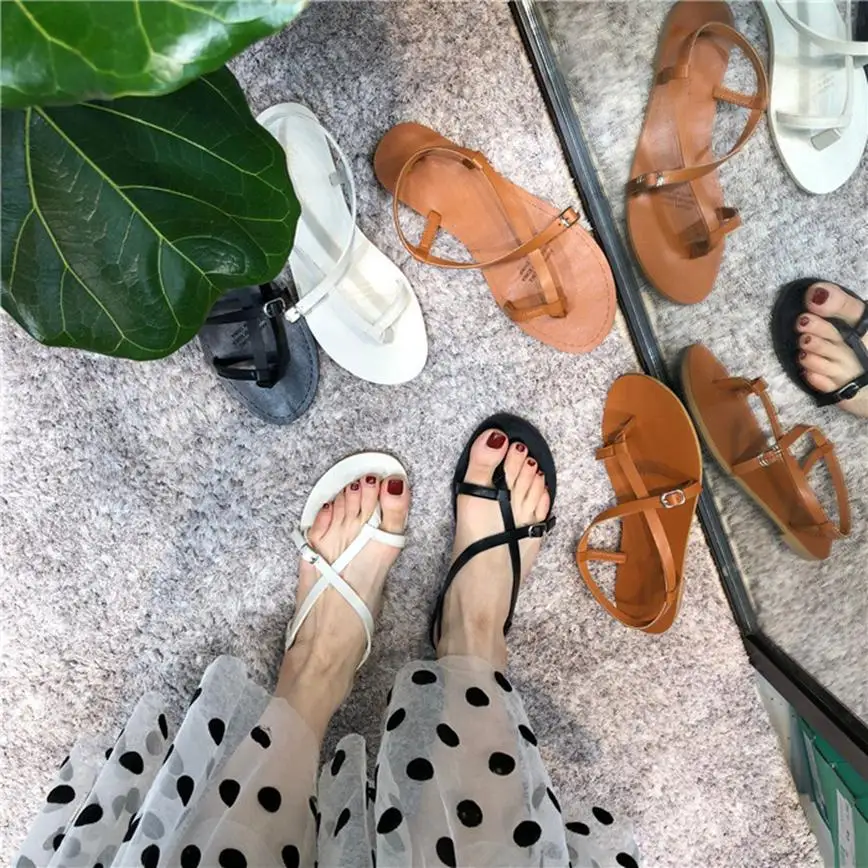 Женские летние сандалии в римском стиле на плоской подошве с открытым носком