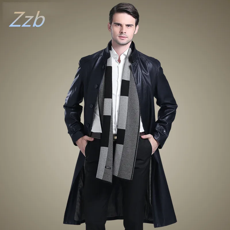 

Stand collar Suit Collar long design leather clothing sheepskin overcoat male extra long Leather trench Coat man manteau de cuir