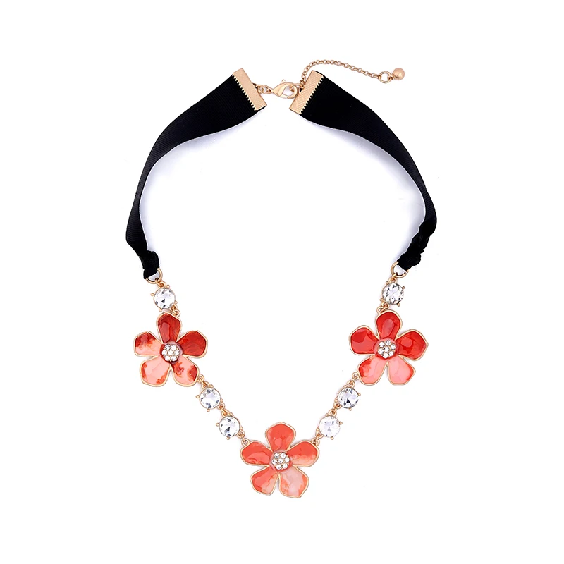 

Black Orange Enamel Flower Necklace 2017 Summer Women Cute Ribbon Necklace Fashion Handmade Jewelry