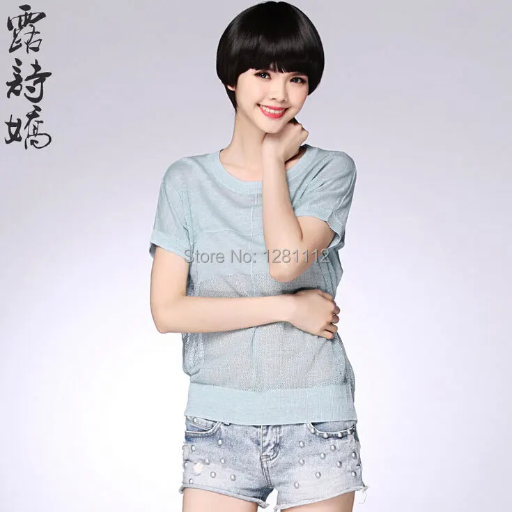2015 Summer Transparent Sexy Women Tee Model Show Cool Knit Tops Short Sleeve Blouse Round Collar Loose Hollow Out Linen T-Shirt | Женская