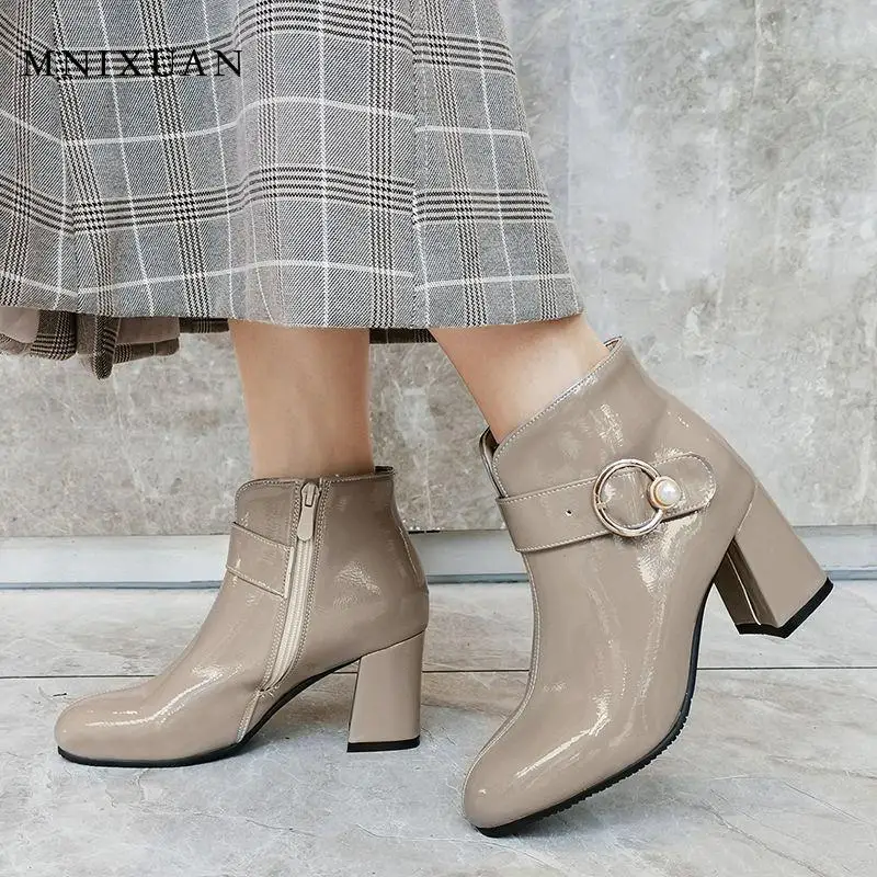 

MNIXUAN Fashion 2019 Women Shoes winter western block heel ankle boots patent leather round toe buckle zipper short boots size42