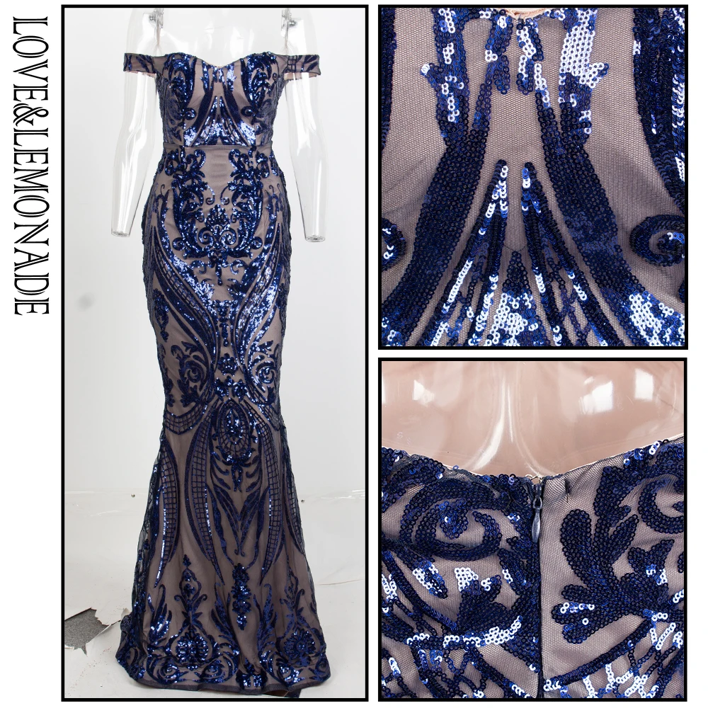 

LOVE&LEMONADE Off the Shoulder Geometric Sequins Bodycon Long Dress LM81343NAVY