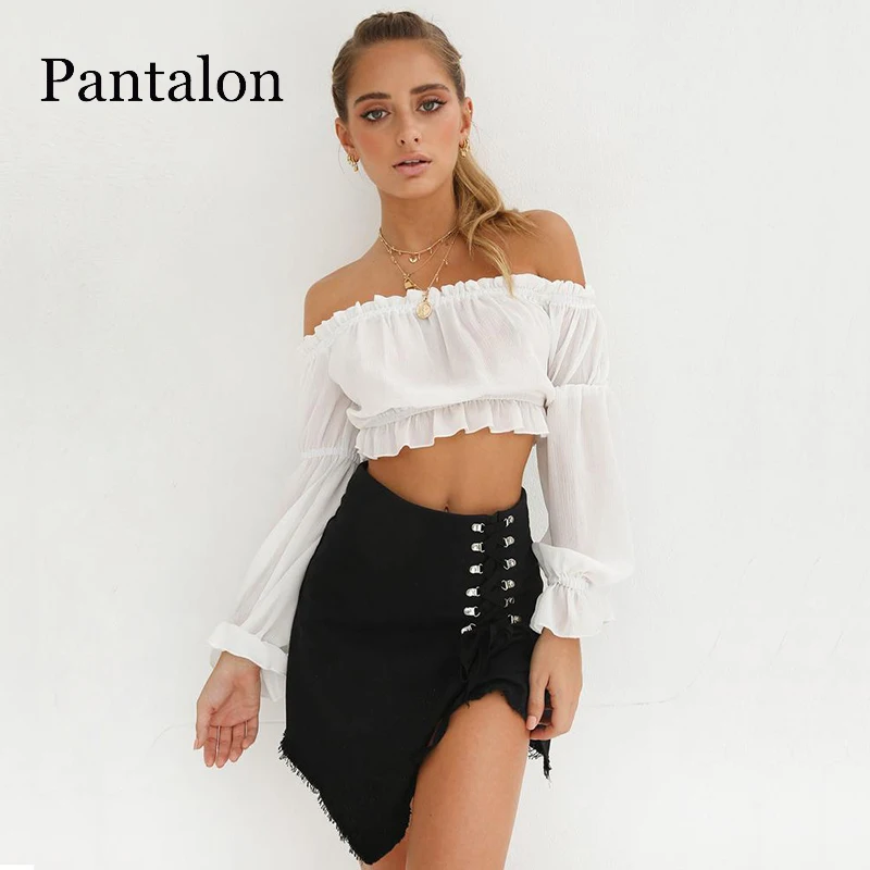 Женская джинсовая юбка Pantalon расшитая блестками с завязками сбоку высокой талией