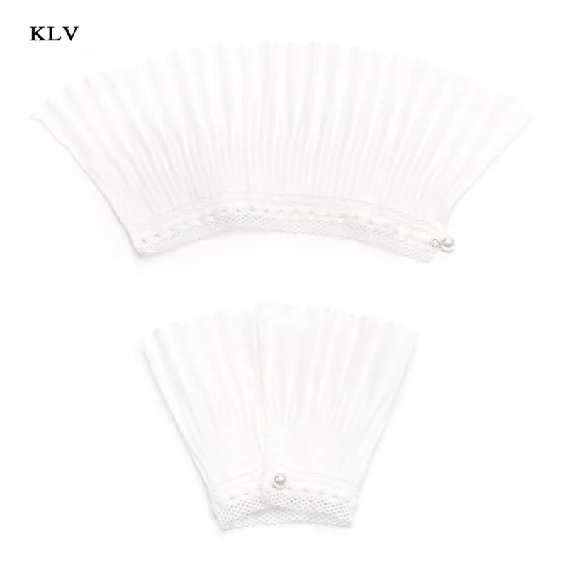 White pleated Женские Девушки поддельные расклешенные рукава цветочные кружева плиссированные с рюшами Ложные манжеты свитер блузка одежда Наручные Теплые с искусственным жемчугом пуговицы - Цвет: White pleated