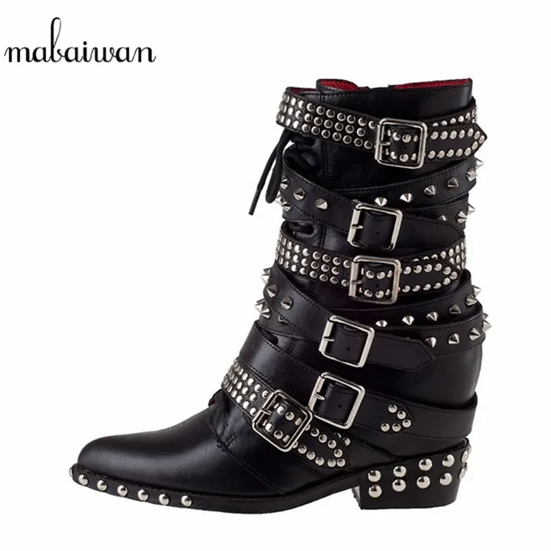 

Mabaiwan Fashion Rivets Women High Heel Shoes Winter Ankle Boots New Black Genuine Leather Shoes Woman Lace Up Short Boots Pumps