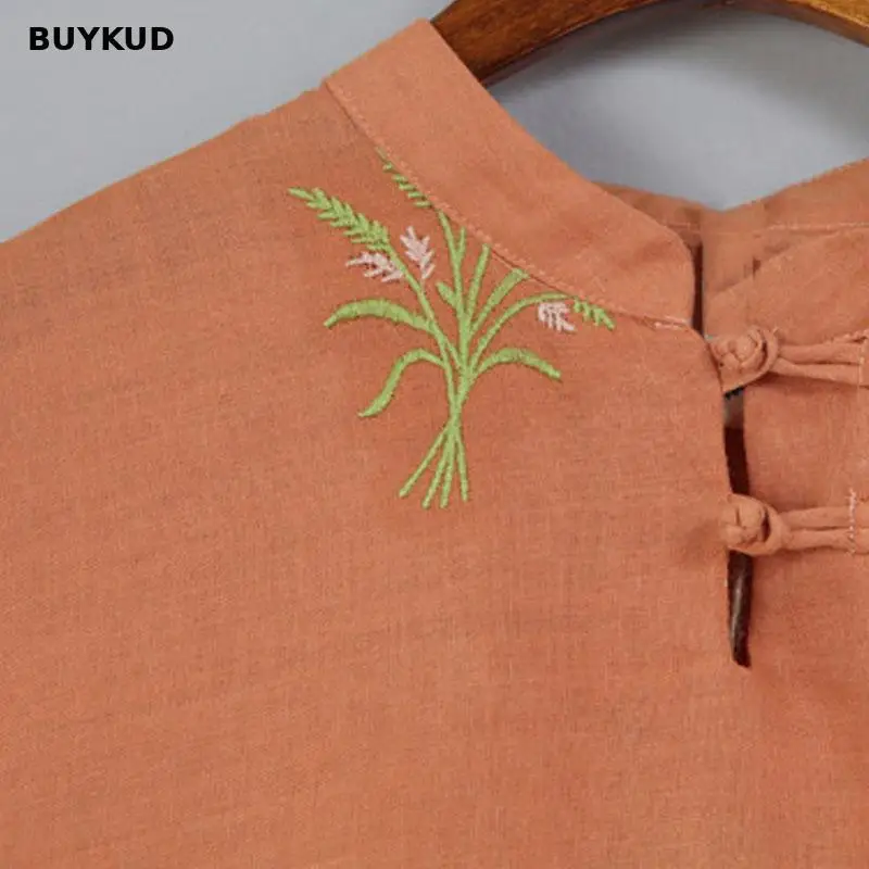 BUYKUD 2018 Новый стенд воротник Изделие из хлопка с короткими рукавами льняные