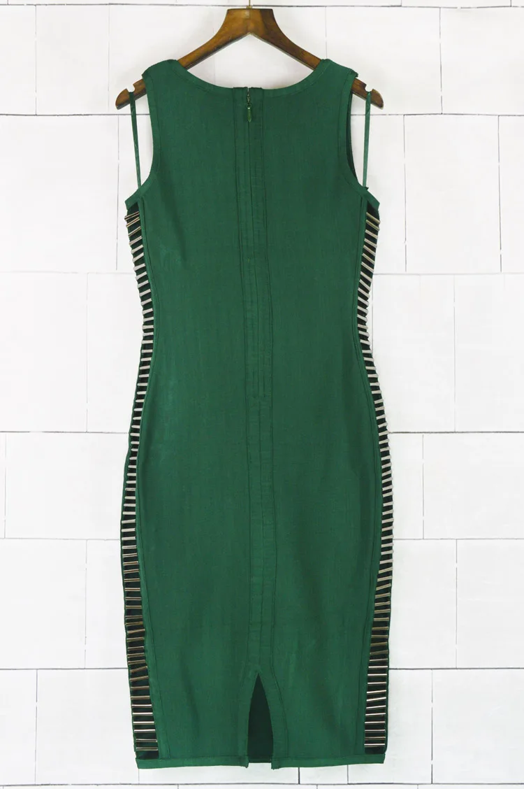 

High Quality Green Sleeveless Side Hollow Out Knee Length Rayon Bandage Dress Evening Party Bodycon Dress