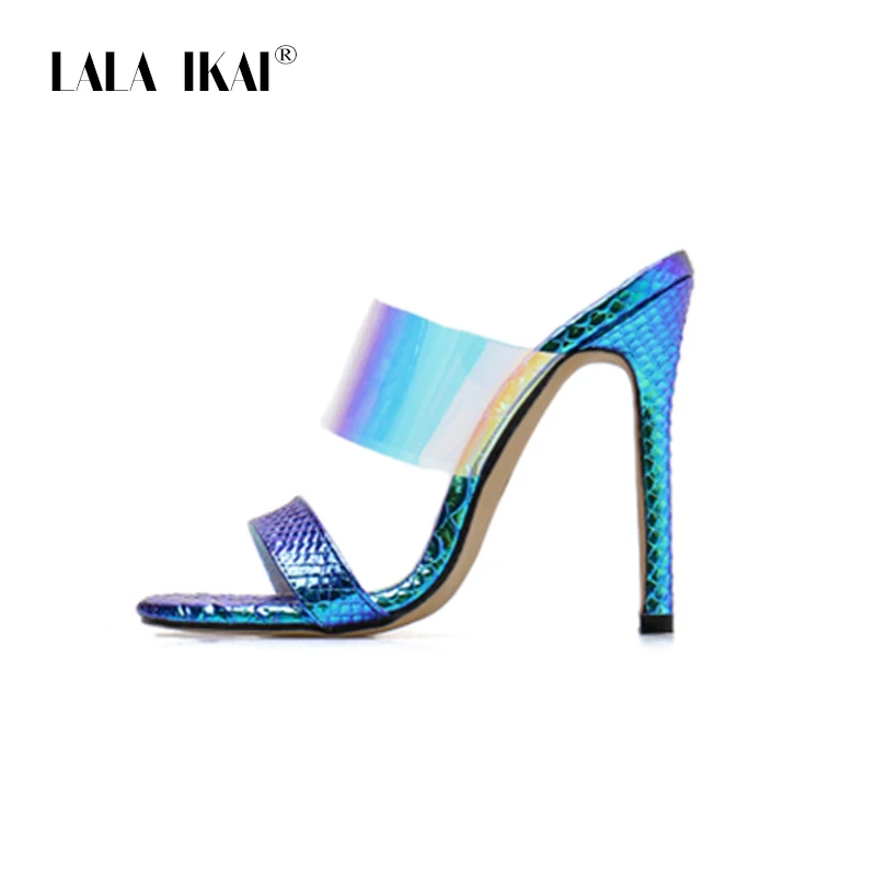 Blue LALA IKAI/летние женские шлепанцы; шлепанцы на высоком каблуке 11,5 см; яркие пикантные женские прозрачные босоножки; обувь на тонком каблуке; WC4650-4 - Цвет: Blue