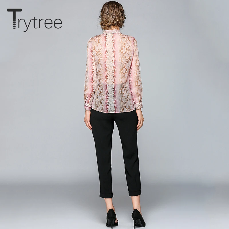 Ttytree Summer Autumn Fashion Blouses Pink Leopard Casual Shirt Women Bow Tie Single-breaste Silky Tops Office Lady Shirts |