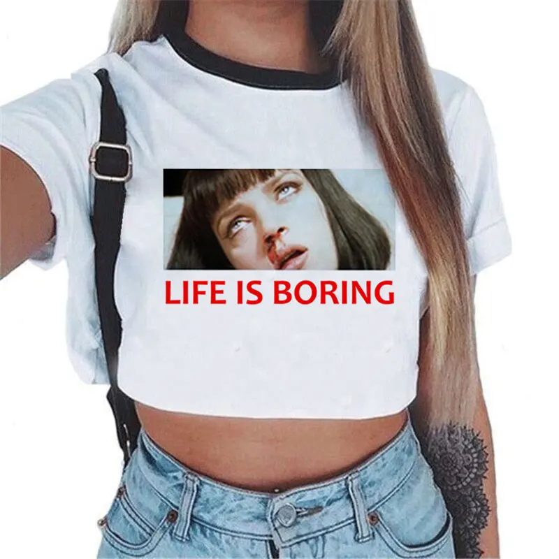 Женский укороченный топ с надписью Life Is Boring белый пикантный принтом блузки