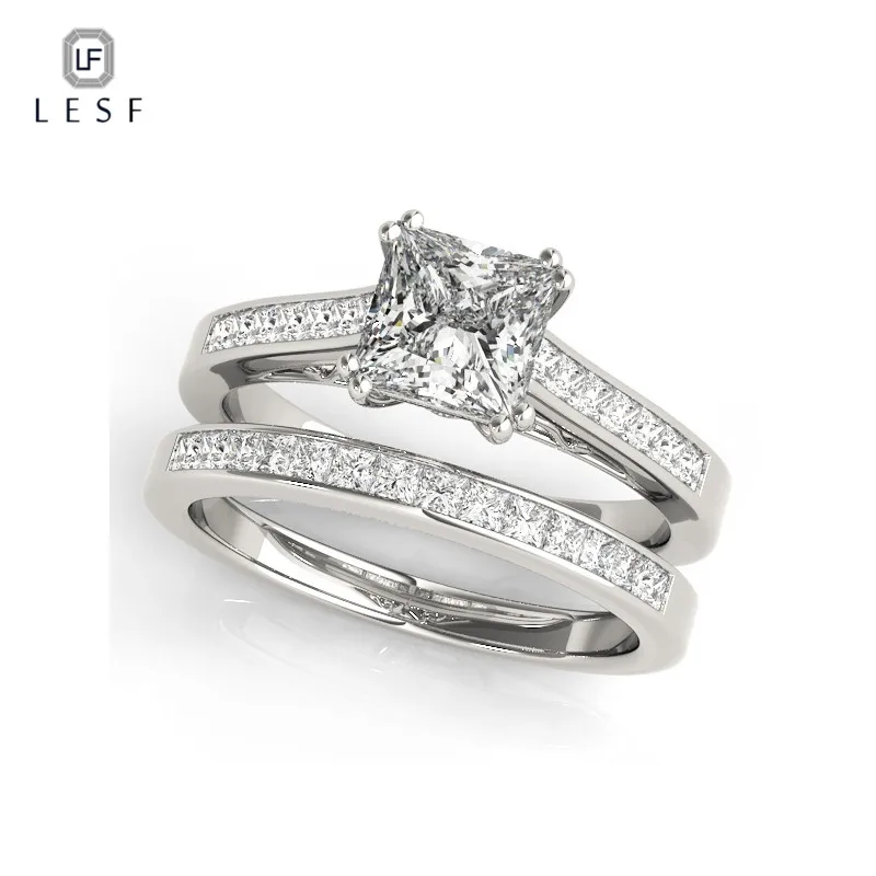 LESF 1.2 Ct Princess Cut Moissanite Diamonds Engagement Ring Set For Women Jewelry 925 Sterling Silver Pave Wedding Bands