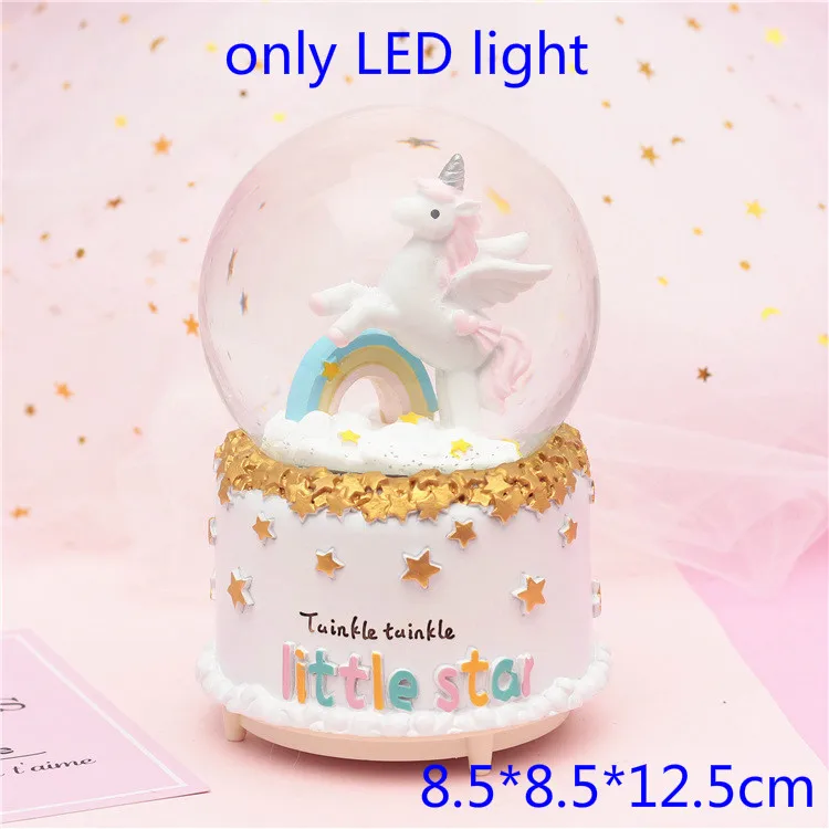 8cm and LED Новая музыкальная шкатулка в виде единорога, мяча, розового цвета, звезды, Луны, радуги, единорога, светящиеся снежинки, музыкальная шкатулка, украшение дома, настольные фигурки - Цвет: 8cm and LED