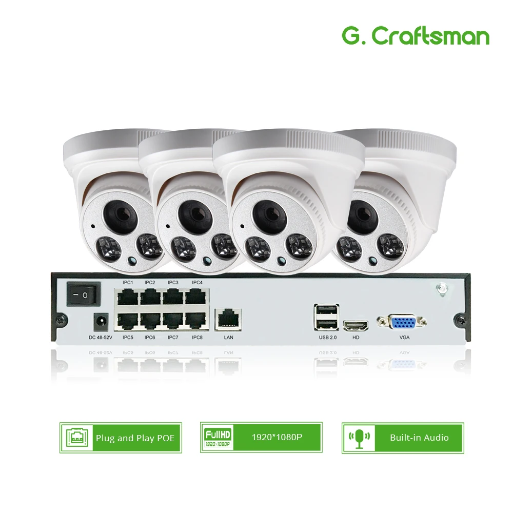 4ch 1080P POE аудио комплект H.265 система видеонаблюдения 8ch NVR 2MP внутренняя IP камера Встроенный микрофон видеонаблюдения P2P G. Craftsman