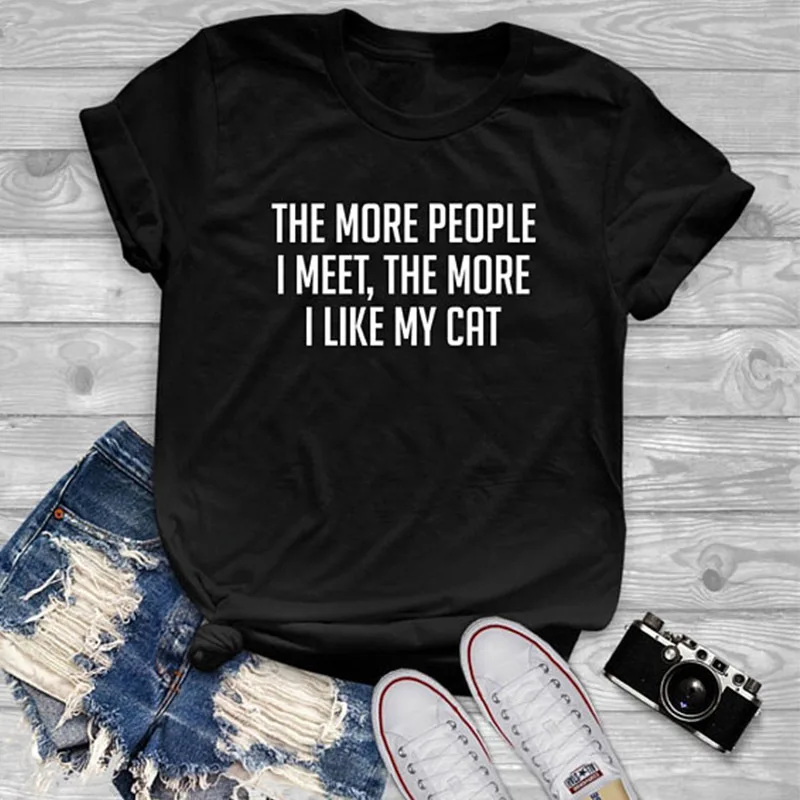 Spring Women Letter The More People I Meet Like My Dog Printing Tshirt O-neck Causal Streetwear Regular Softy Top | Женская одежда
