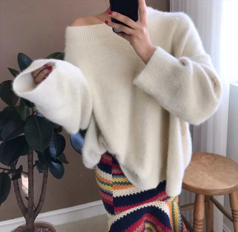 WHITNEY WANG 2018 Autumn Winter Fashion Streetwear Sexy Slash neck Mohair Sweater Women jumper pull femme Pullovers Sweaters | Женская