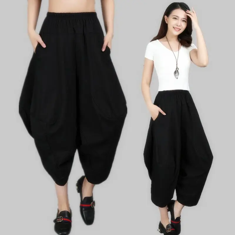 2017 Women Harem Trousers Cotton Linen Loose Plus Size Wide Leg Pants Elastic Waist Vintage Womens Casual |