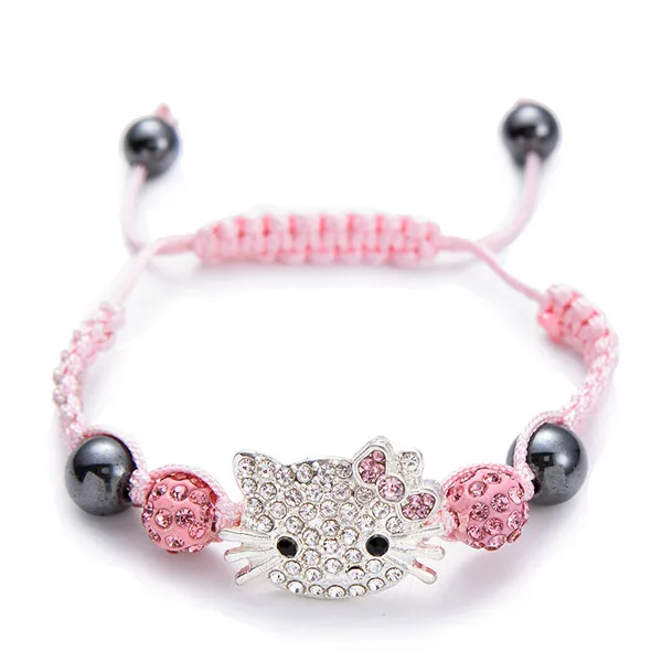 silver pink Детский браслет, детский браслет, ручной работы, милый серебряный браслет с котом для девочек и мальчиков, хрустальные бусины, плетеные очаровательные браслеты - Окраска металла: silver pink