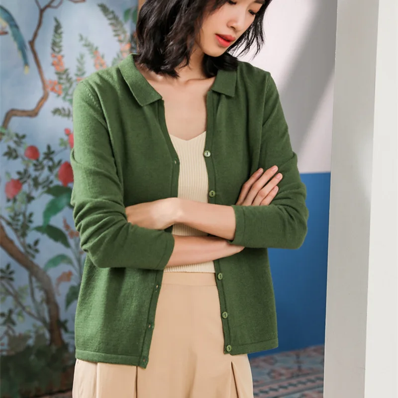 Olive green Весна и осень новая кашемировая шерстяная рубашка Женская Повседневная модная облегающая верхняя одежда с отворотом вязаный кардиган свитер Джокера - Цвет: Olive green
