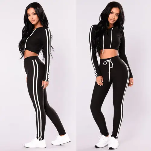 

2018 2Pcs Women Ladies Tracksuit Hoodies Hooded Sweatshirt Pants Sets Crop Tops High Waist Pants Stripe Print Wear Casual Suit