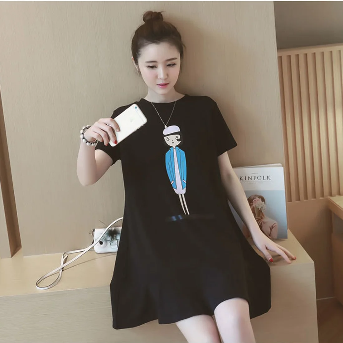pink black Women Soft Casual New Summer Print Lady Figure Cartoon O-collar Korean Maternity Dress Pregnant woman Clothing |