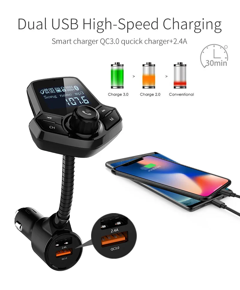 Автомобильный комплект jajabor с Bluetooth беспроводной fm-передатчик громкой связи Bluetooth 3,5 мм AUX аудио MP3 Play Dual USB с быстрой зарядкой QC3.0