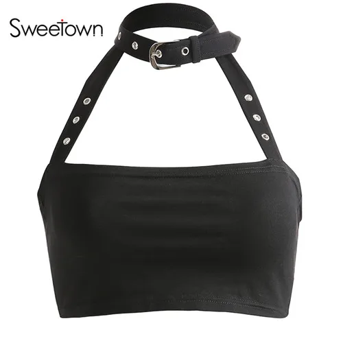 black Sweetown черный короткий топ без косточек, Женская мода лето, чокер через шею, сексуальные топы с металлическими ушками, пэчворк, открытая спина, панковский топ на бретелях - Цвет: black
