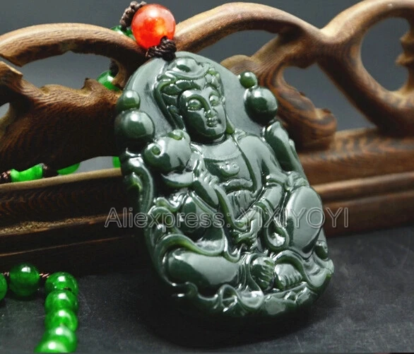 Красивый природный зеленый HeTian нефрит резной китайский GuanYin амулет счастливый